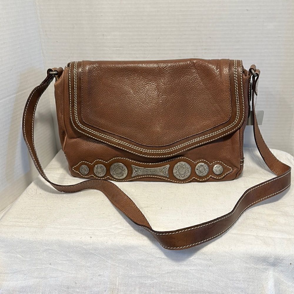western style crossbody handbag Linea Pelle brown leather silver hardware NWT
